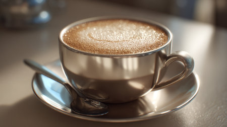 Cappuccino in a Silver Cup: A Morning Beverage on a Plateの素材