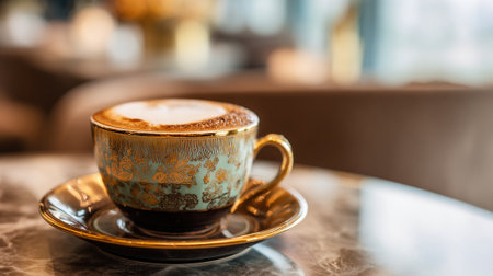 Elegant Cappuccino in Ornate Gold and Teal Cup on Marble Tabletopの素材