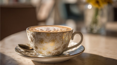 Cappuccino in a Floral Cup: A Moment of Warmth and Relaxationの素材