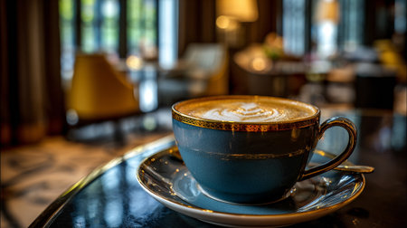 Elegant Cup of Coffee with Latte Art in a Cozy Cafeの素材