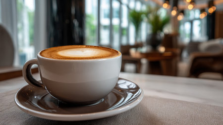 Elegant Cappuccino on Table in Bright Cafe Interior Settingの素材
