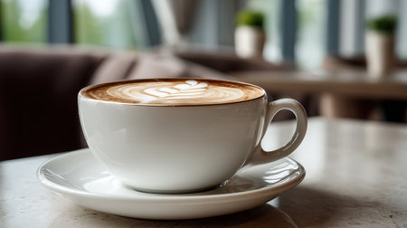 Latte Art in White Cup on Table in Restaurant Setting Photoの素材