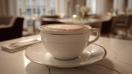 Elegant Cappuccino on Marble Table in a Bright Restaurant Ambianceの素材