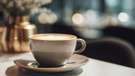 Elegant Cappuccino with Latte Art on a Marble Table, Warm Tonesの素材