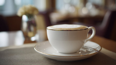 Elegant Cappuccino Still Life with Golden Accents in a Cafe Ambienceの素材
