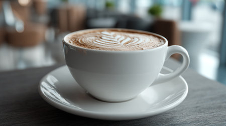 Elegant coffee cup showcasing latte art on a wooden tableの素材