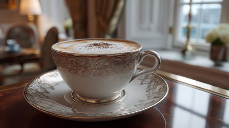 Elegant Cappuccino in Ornate Cup, a Luxurious Morning in a Stylish Settingの素材