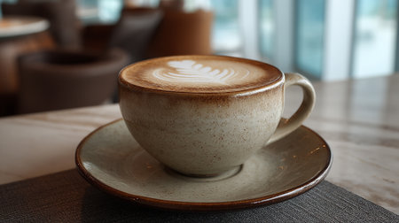 Elegant Coffee Cup with Latte Art in Modern Setting, Coffee Breakの素材