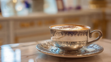 Elegant Cappuccino in Silver Cup on Marble Surface, Indulgent Momentの素材