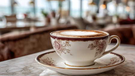 Elegant cappuccino in floral patterned porcelain cup on marble tableの素材