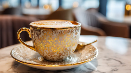 Elegant Cappuccino: Golden Cup on Marble Table, Artistic Floral Detailsの素材