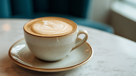 Latte Art Perfection: A Creamy Coffee Delight on Marble Tableの素材