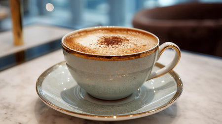 Elegant Cappuccino with Delicate Design on Marble Tabletopの素材