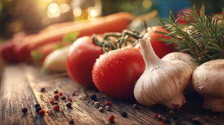 Fresh Vegetables and Herbs on a Wooden Board in Warm Lightingの素材