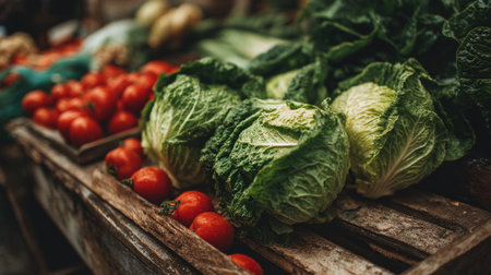 Fresh Produce Display: Cabbages and Tomatoes on a Rustic Wooden Tableの素材