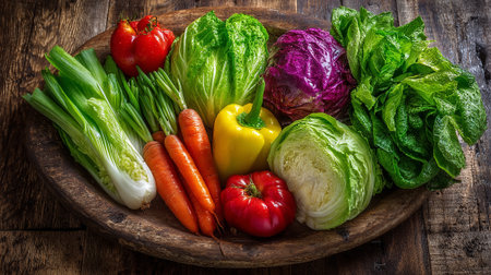 Farm-Fresh Vegetables Arranged on Rustic Wooden Tray For Healthy Eatingの素材