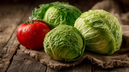 Fresh Cabbage and Tomato Still Life Composition on Rustic Wooden Surfaceの素材