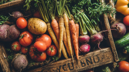 Rustic Wood Crate Overflowing with Freshly Harvested Vegetables and Root Cropsの素材