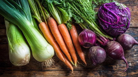 Freshly harvested vegetables arranged beautifully on an old wooden surface for culinary ideas.の素材