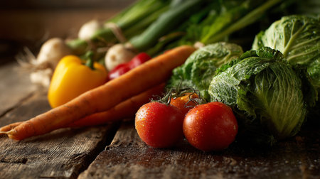 Fresh and Colorful Vegetables Displayed on Rustic Wooden Surface for Healthy Foodの素材