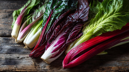 Fresh colorful chard on rustic wood background, vibrant and healthy vegetablesの素材