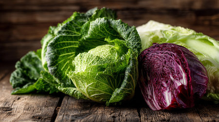 Freshly harvested savoy, napa, and red cabbage on rustic wooden surface.の素材
