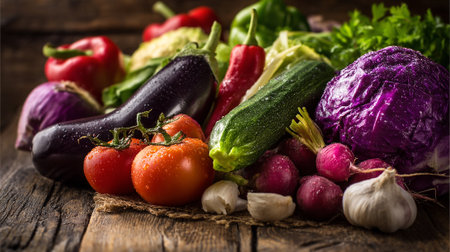 Freshly Harvested Vegetables Arranged on Rustic Wooden Tabletop for Farm Market.の素材
