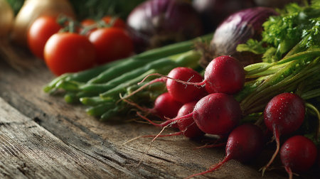 Freshly Harvested Vegetables Displayed on Rustic Wooden Table Topの素材