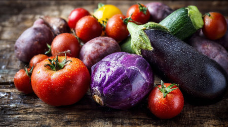 Fresh garden bounty: vibrant vegetables on rustic wooden surface creating abundanceの素材