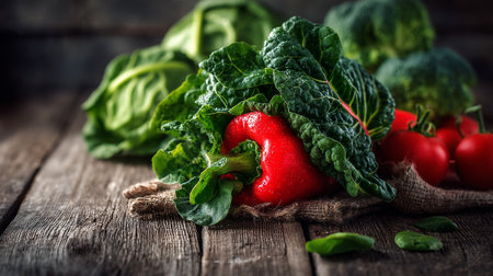 Fresh Produce Still Life: Red Pepper, Cabbage, Broccoli, and Tomatoesの素材