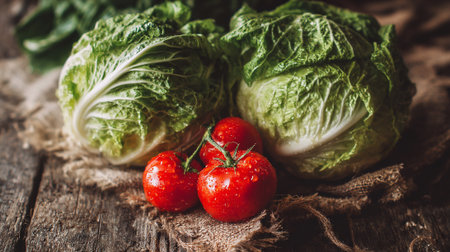 Fresh Produce Still Life: Cabbage and Vine Ripened Tomatoes on Burlap.の素材
