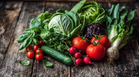 Freshly Harvested Vegetables Displayed on Weathered Wooden Table, a Rustic Still Lifeの素材