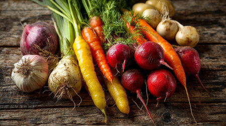 Colorful Fresh Harvested Root Vegetables Displayed on Rustic Wooden Surfaceの素材