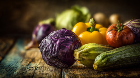 Fresh vibrant vegetables arranged elegantly on a rustic wooden surface.の素材