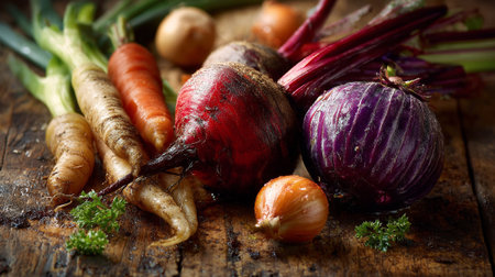 Freshly Harvested Root Vegetables Displayed on Rustic Wooden Surface with Parsley Accentsの素材