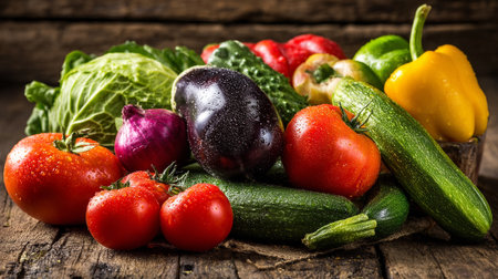 Fresh Vegetables Still Life: Colorful Produce on Rustic Wooden Tabletopの素材