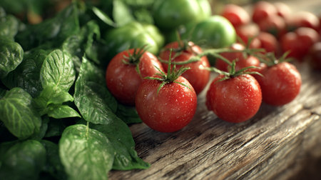 Freshly picked vibrant tomatoes and spinach on rustic wooden surface, natural lightの素材
