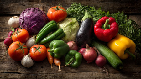 Vibrant Fresh Vegetables Arranged on Rustic Wood Surface Ready for Preparationの素材