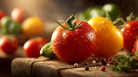 Fresh Tomatoes and Vegetables on Rustic Wooden Board with Splashing Waterの素材
