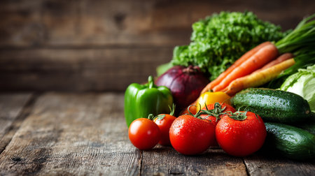 Fresh and colorful vegetables on rustic wooden table, perfect for healthy eatingの素材