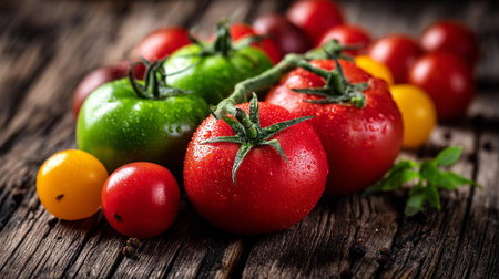 Freshly Washed Colorful Tomatoes Gathered on Rustic Wood Tableの素材