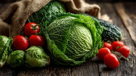 Fresh Harvest: Verdant Cabbages, Tomatoes, and Cucumber on Rustic Wooden Tableの素材