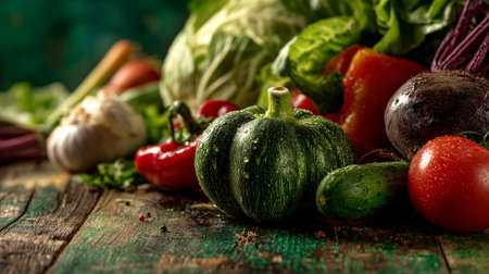 Fresh Harvest Bounty: Colorful Vegetables on Rustic Wooden Tabletop Displayの素材