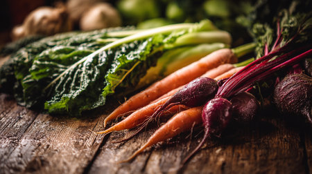 Freshly Harvested Vegetables: An Assortment of Carrots, Beets and Greens on Woodの素材