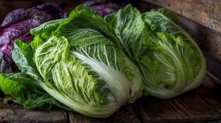 Fresh and Vibrant Napa Cabbage Heads Resting on Rustic Wooden Surfaceの素材