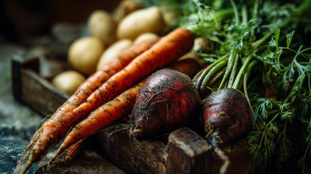 Rustic Harvest: A Close Look at Fresh Carrots, Beets, and Potatoesの素材