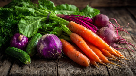 Freshly Harvested Vegetables on Rustic Wood: A Colorful Culinary Still Lifeの素材