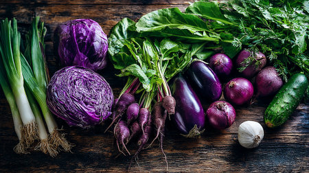 Assortment of fresh purple and green vegetables on rustic wooden backgroundの素材