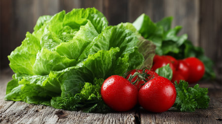 Freshly picked garden vegetables including lettuce, tomatoes, basil, and parsley.の素材