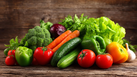 Fresh Vegetables Composition: A Colorful Array of Nutritious Produce on Wooden Surfaceの素材